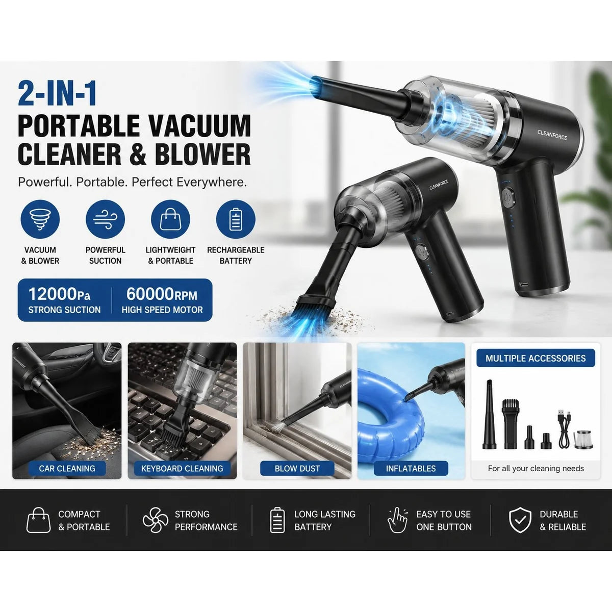 Portable Mini Vacuum Cleaner – Powerful Cordless Handheld Dust & Car Cleaner