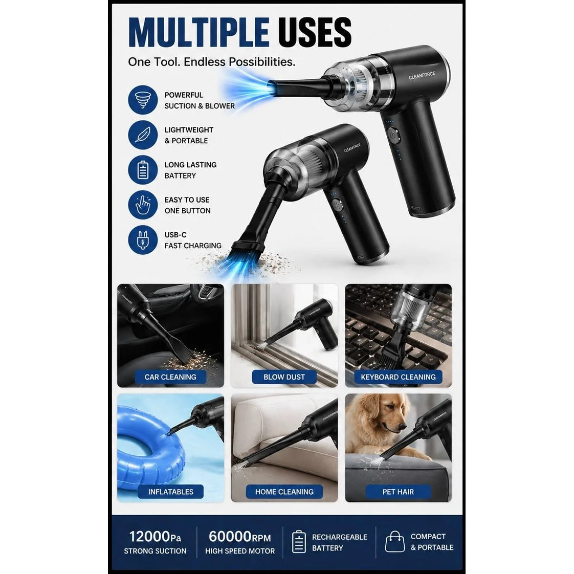 Portable Mini Vacuum Cleaner – Powerful Cordless Handheld Dust & Car Cleaner