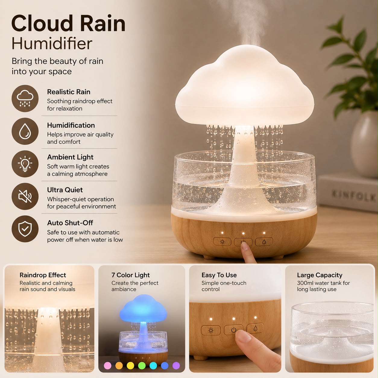 Cloud Rain Humidifier & Essential Oil Diffuser with 7-Color LED Night Light